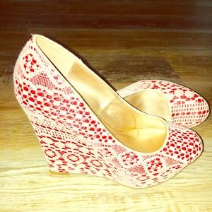 Round Toe Lace and Coral Wedge Heel
